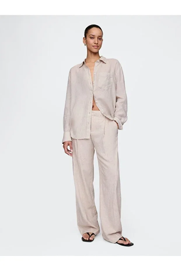 Женские льняные брюки с низкой посадкой Gap, Beige-001