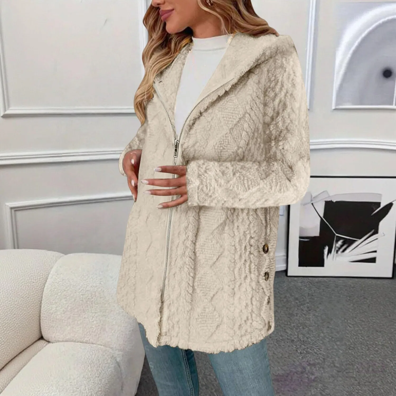 Женская куртка с принтом в клетку, на молнии, с меховым воротником, Z04-beige — фото 3