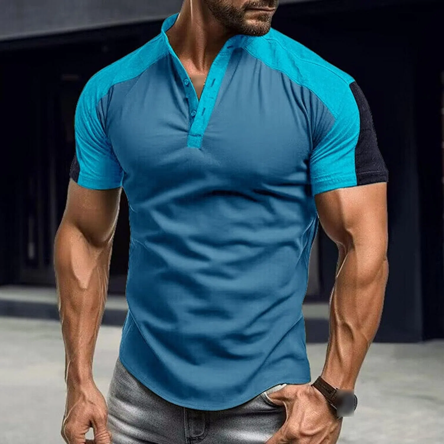 Мужская классическая футболка с контрастным рукавом реглан Generic, Blue — фото 2