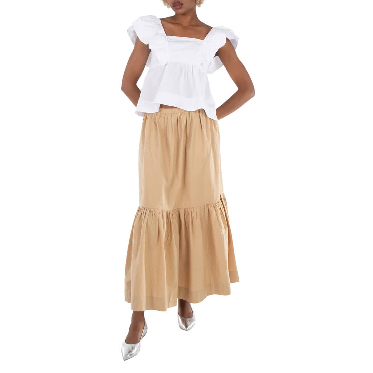 

Ganni Блузка из ярко-белого хлопкового поплина с рюшами