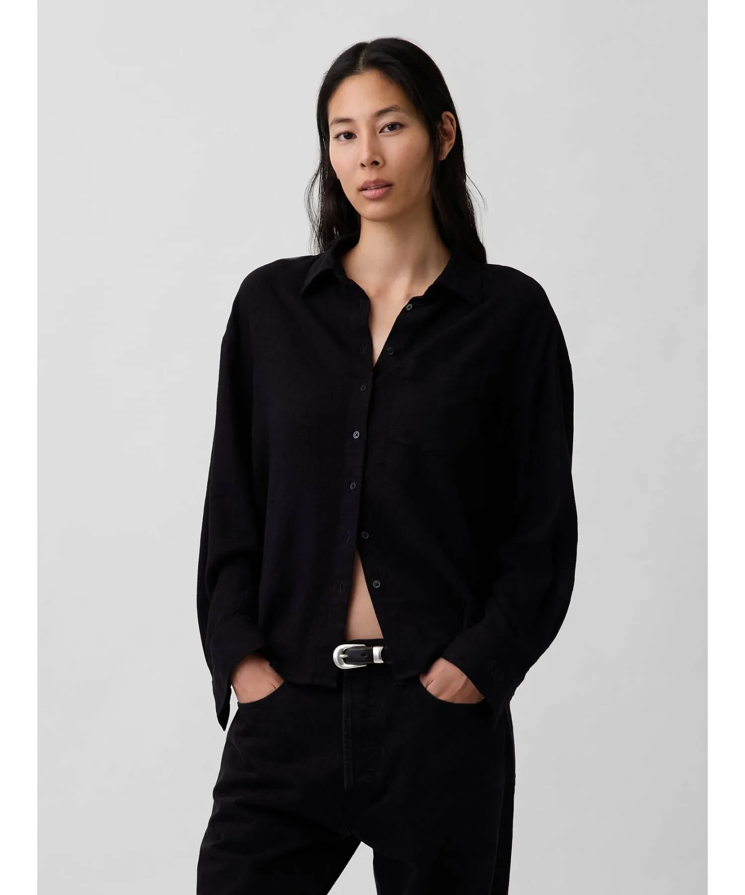 (W) Рубашка оверсайз из смесовой льняной ткани GAP, BLACK