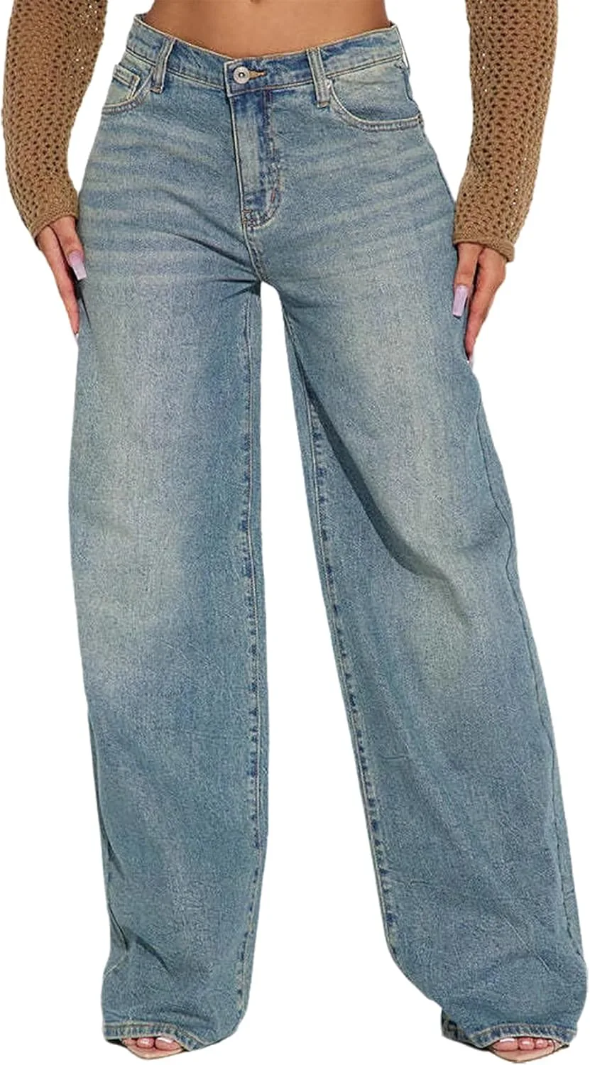 

Женские джинсы Mid Rise Wide Leg Vintage Stretchy Loose Fit Streetwear YADMISU