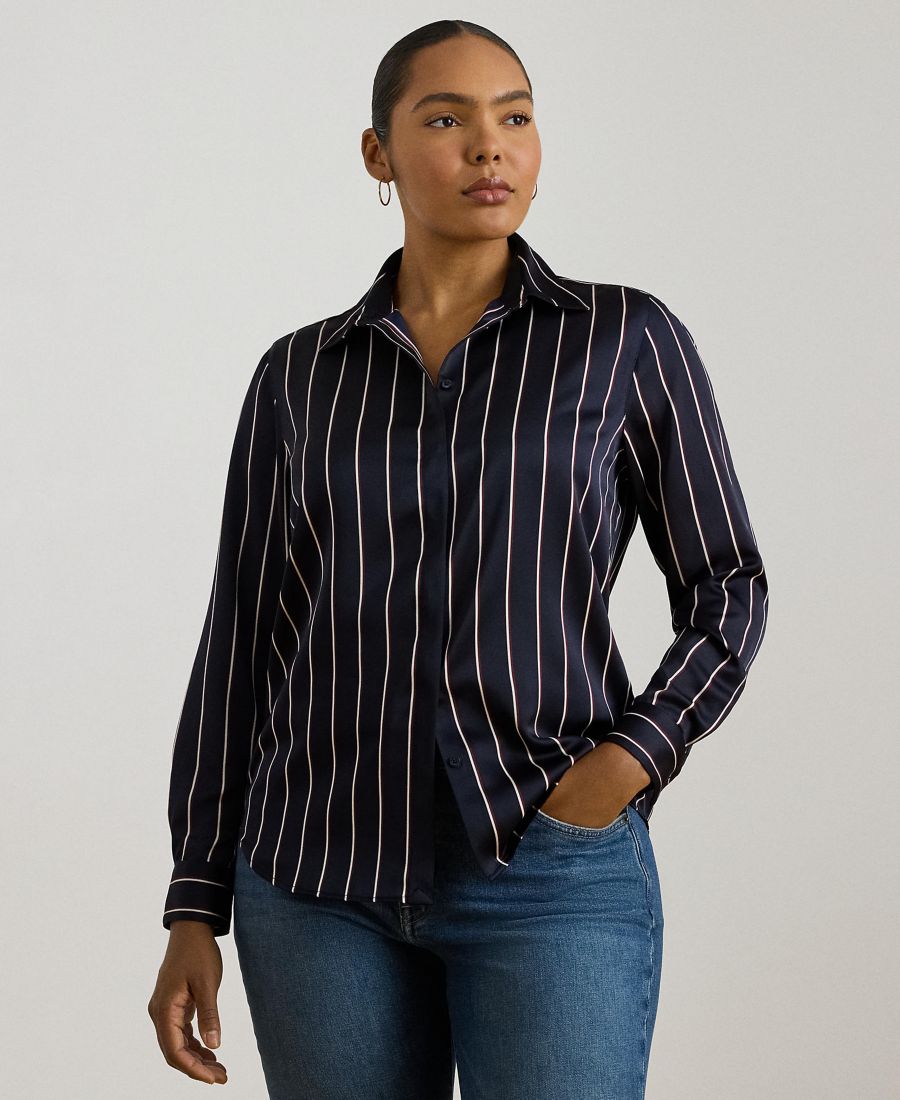 

Рубашка с длинными рукавами из полосатого шармеза больших размеров Lauren Ralph Lauren, Navy/Cream/Garnet