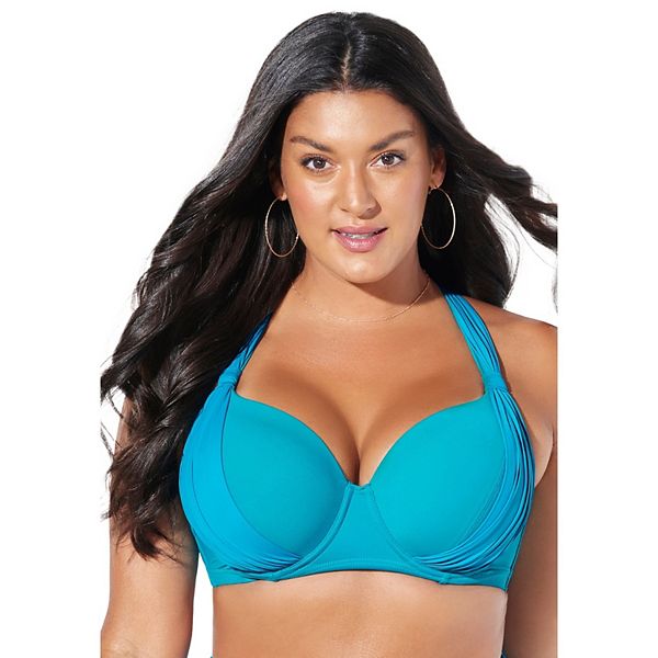 

Женский топ-бикини с чашками на косточках и драпировкой спереди Swimsuits For All, Luxury