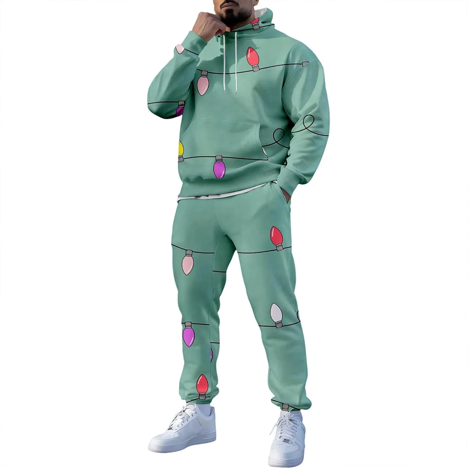 Мужской спортивный костюм с рождественским принтом, 2 предмета, D-light Green