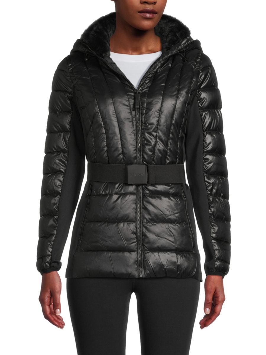

Куртка-пуховик с капюшоном и поясом DKNY, цвет Metallic Black