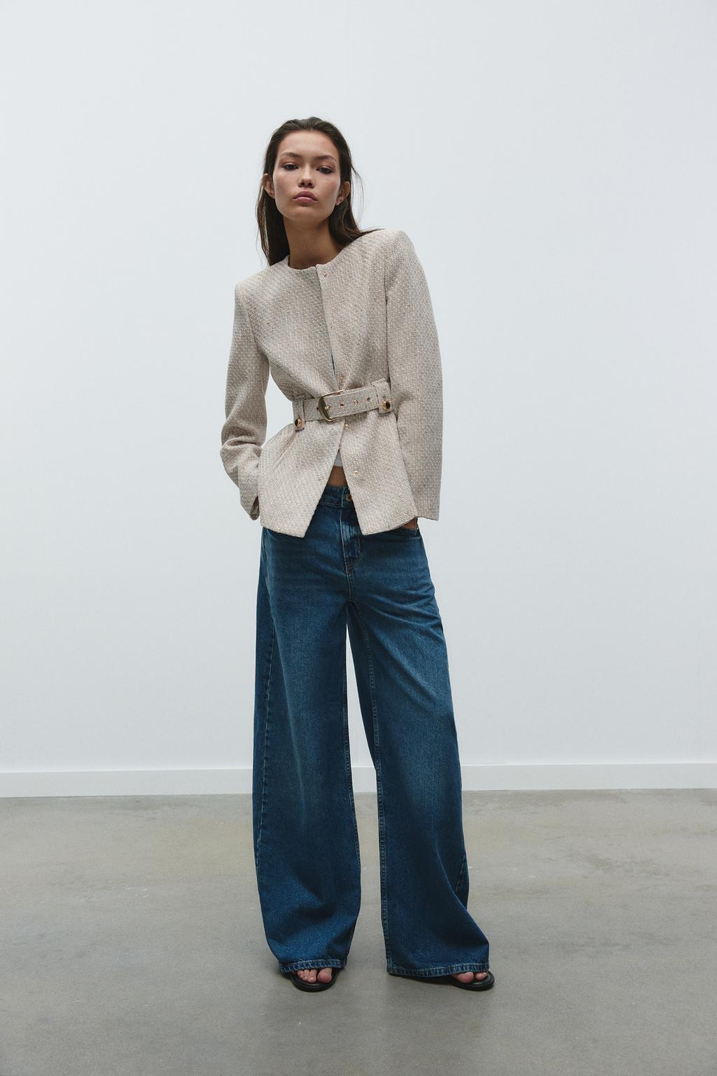 

Тканая куртка с поясом ZARA, песочный