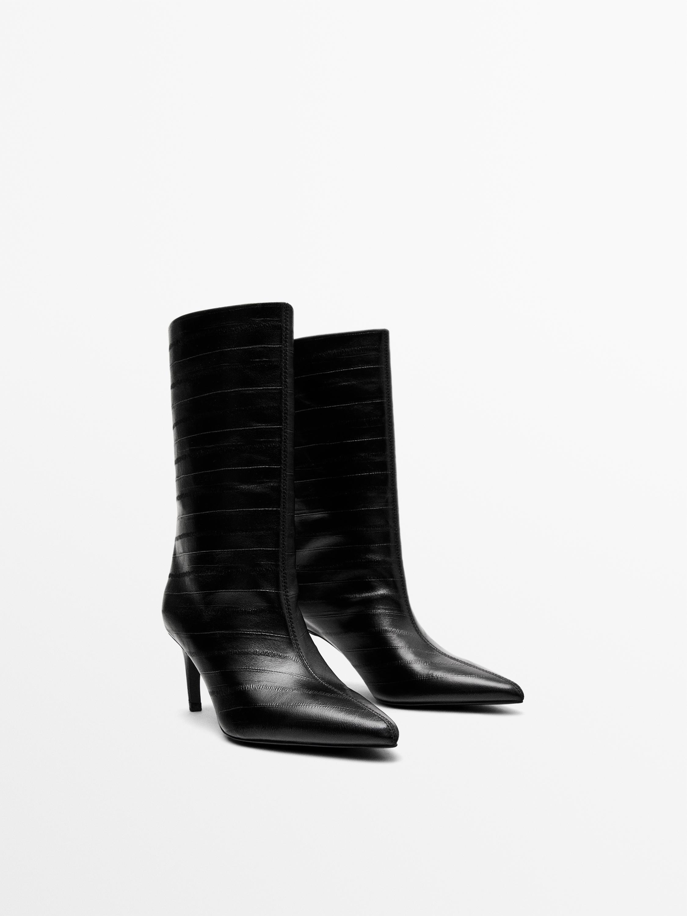 Ботильоны из тисненой кожи на высоком каблуке Massimo Dutti, черный — фото 3