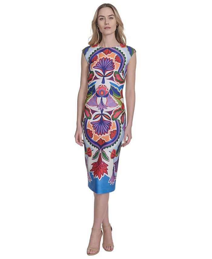 

Миди-платье с короткими рукавами и принтом Petite Placement-Print Vince Camuto, синий