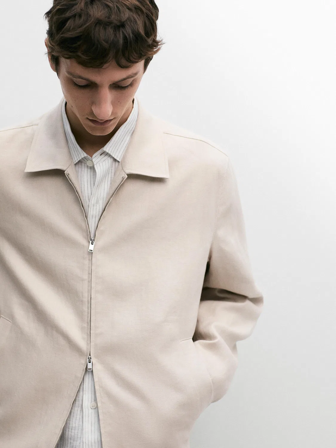Бомбер из 100% льна, полностью имитирующий льняную ткань Massimo Dutti, бежевый — фото 4