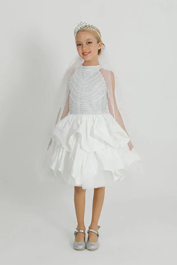 Детское платье для девочек с жемчугом Pearl-Embellished evening gown Star Pearl Kids, White — фото 2
