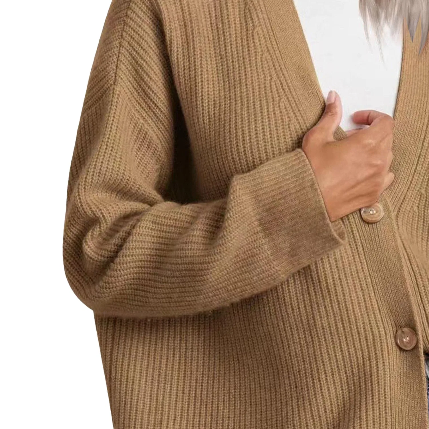 Женский вязаный кардиган с V-образным вырезом и длинным рукавом, Light Brown — фото 4
