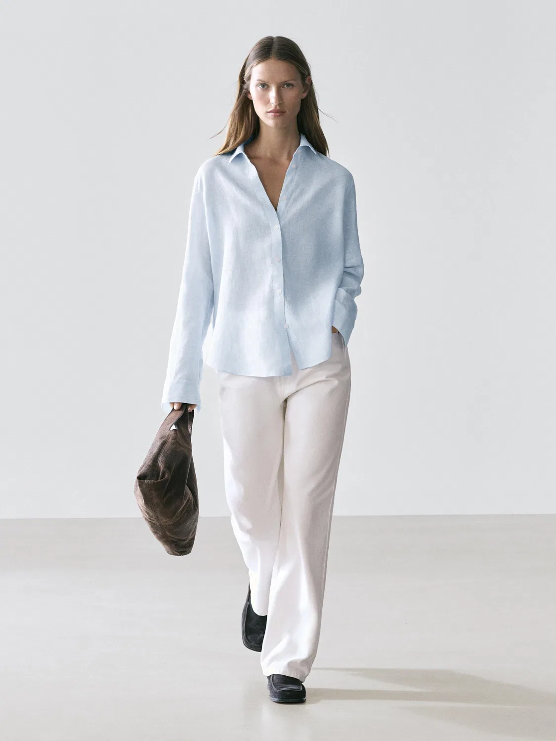 Свободная рубашка в тонкую полоску из 100% льна Massimo Dutti, небесно-голубой