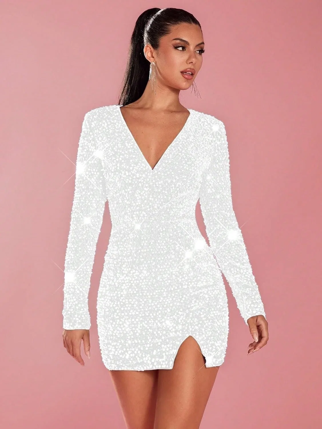 Женское мини-платье с пайетками V-образным вырезом, White — фото 3