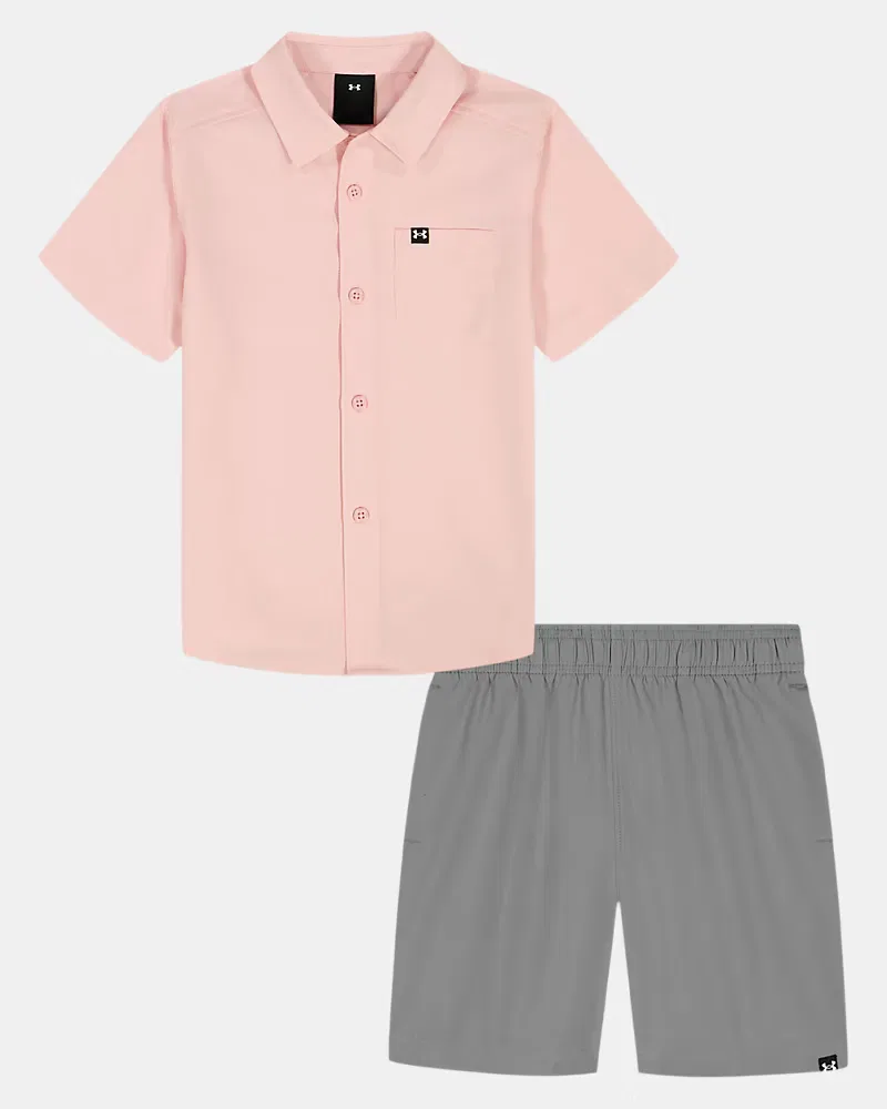 Комплект для мальчика быстросохнущий из рубашки и шорт Drift Tide Fish UnderArmour, Prime Pink/White