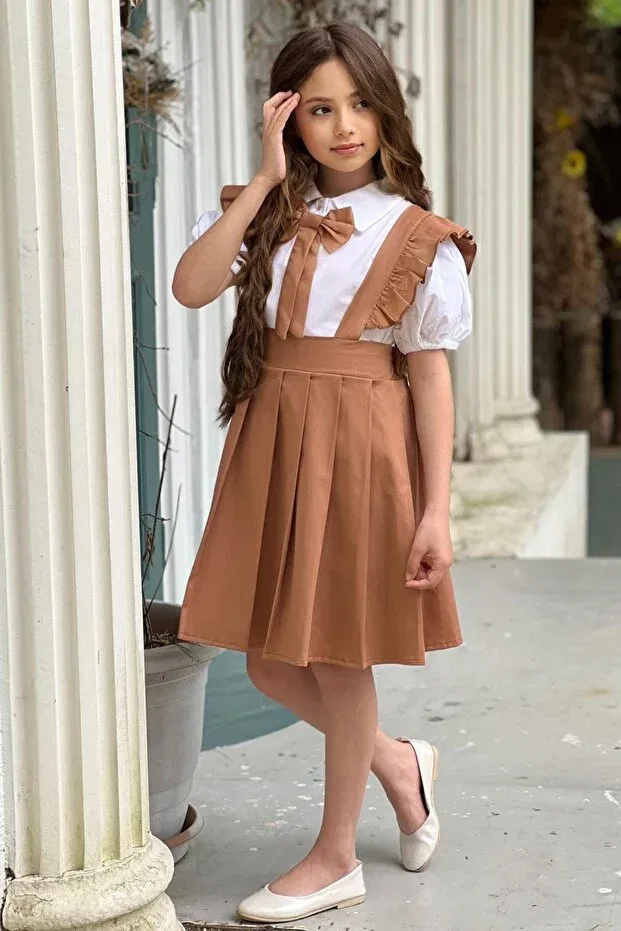 Детское платье для девочек с коротким рукавом-фонарик Tak çıkar bowknot balloon sleeve shirt ruffled pleated salopet skirt girls' holiday dress-23 april Elafor, Beige Brown — фото 4