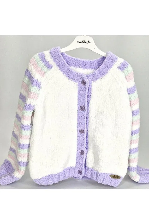 Детский кардиган для девочек хлопковый Hand Knitted Soft Plush Evitle, White-Lilac