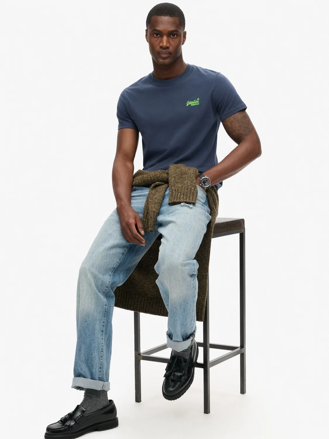 Футболка с контрастной вышивкой Essential Superdry, Синий неоново-лаймовый — фото 4