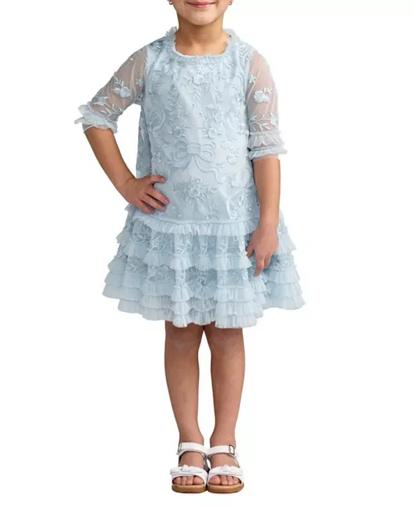 Детское платье для девочек с вышивкой Micro Ruffle Embroidered Mini Dress Mac DUGGal, Powder Blue