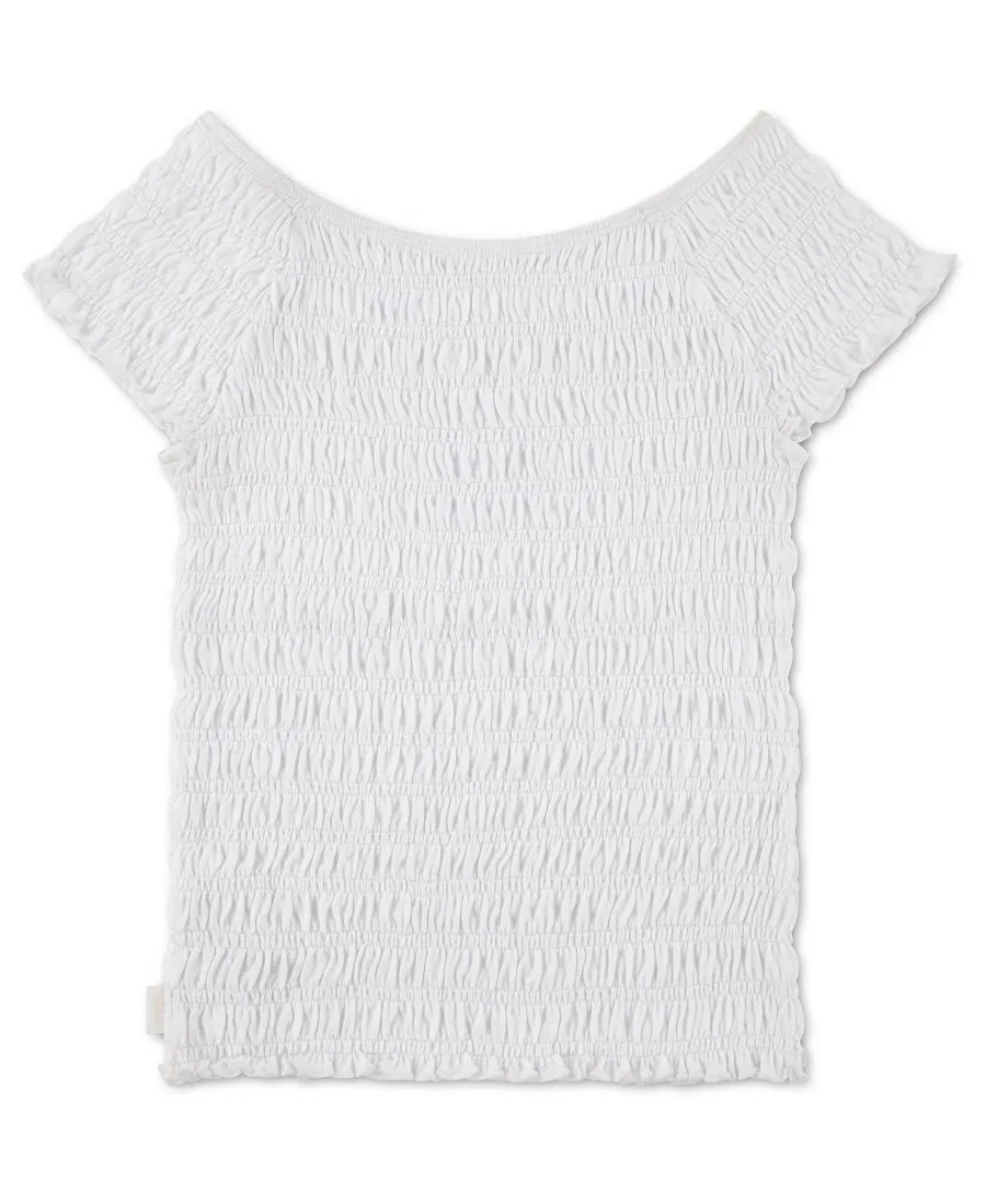 Топ с широкой горловиной и коротким рукавом Smocked Short-Sleeve Top abercrombie kids, Bright White — фото 2
