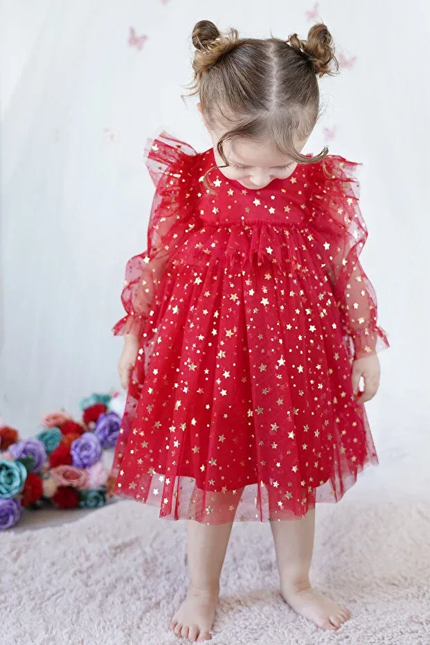 Детское платье для девочек с длинным рукавом Starry Alyra, Red — фото 3