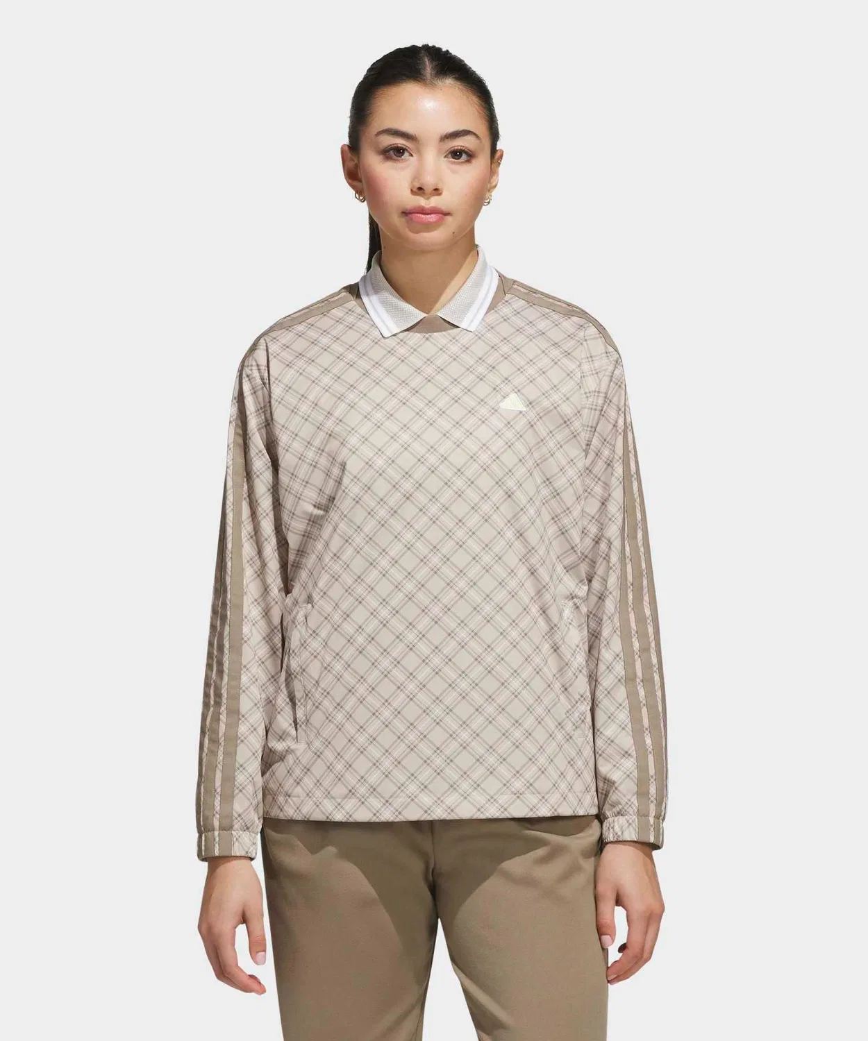 Женский пуловер с принтом в клетку Three Stripes Crewneck Long Sleeve Sweatshirt Adidas, Beige