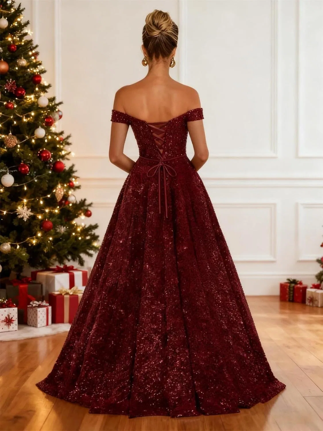 Женское вечернее платье с пайетками, off the shoulder, A-силуэт, Plum — фото 2