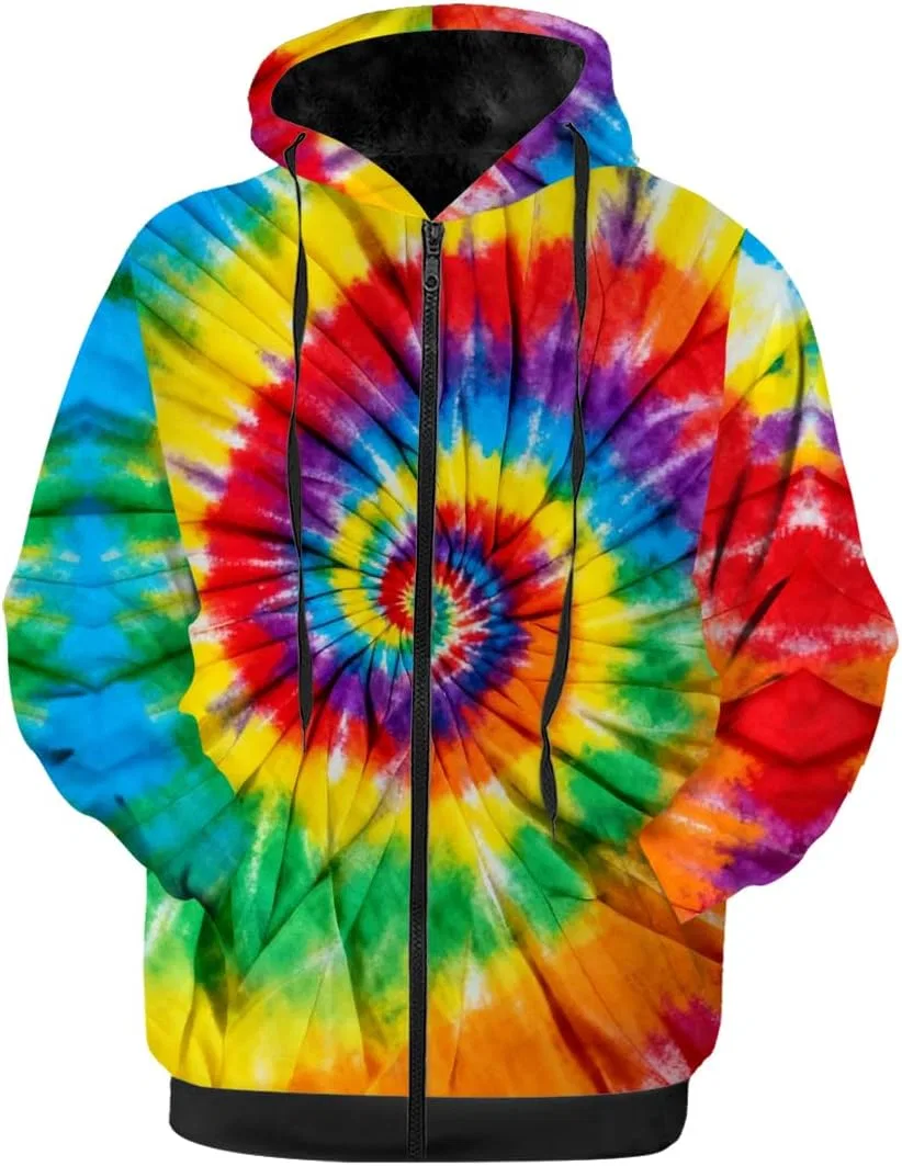 Женское мужское зимнее пальто с капюшоном, флисовой подкладкой и молнией, Tie Dye, 3213 Colorful Tie Dye