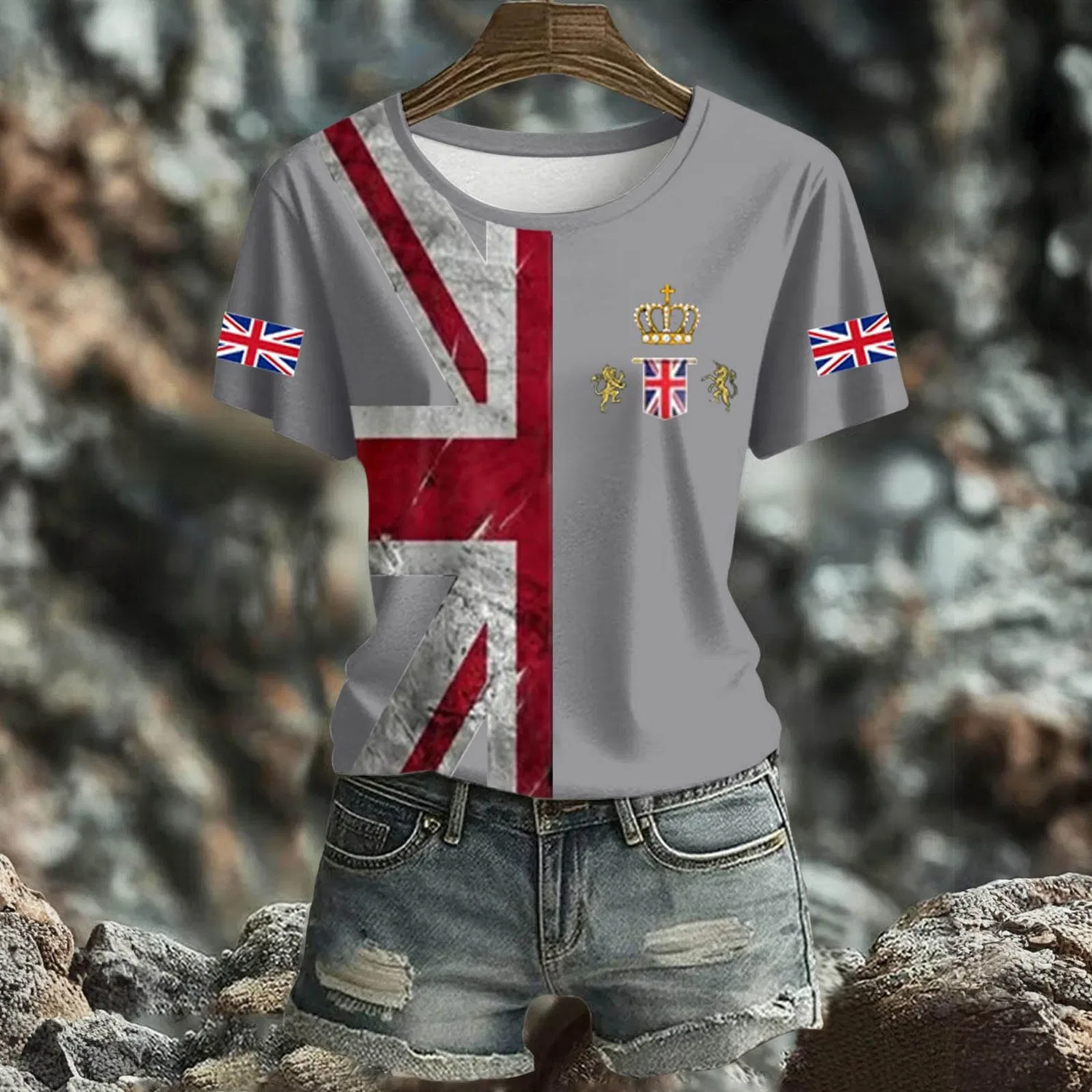 Женская футболка с принтом England Union Jack Flag, летняя, с коротким рукавом, Grey — фото 3