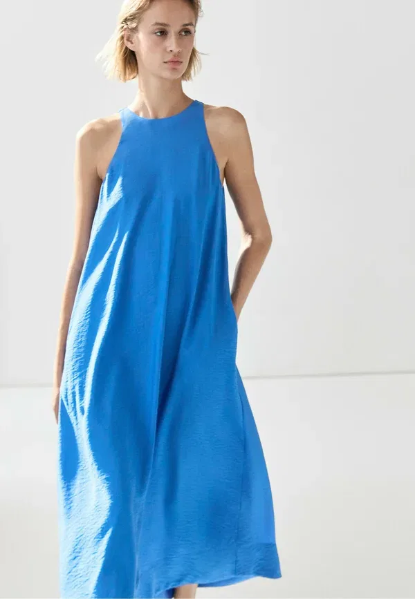 Платье длинное свободного кроя Long flowing halter dress - maxi dress Massimo Dutti, темно-синий — фото 3