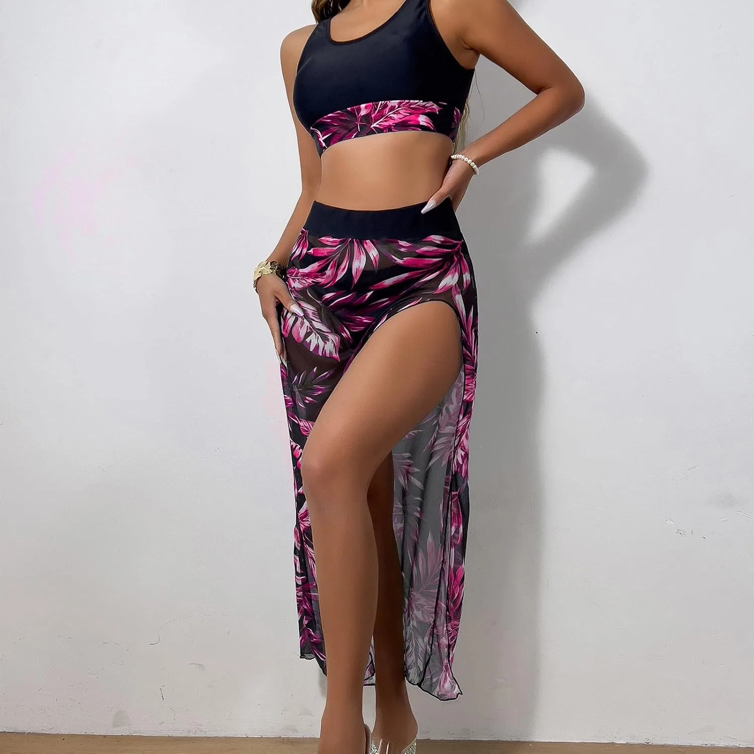 Женский купальный костюм с юбкой-накидкой Triangle Bikini Sets, Hot Pink — фото 3