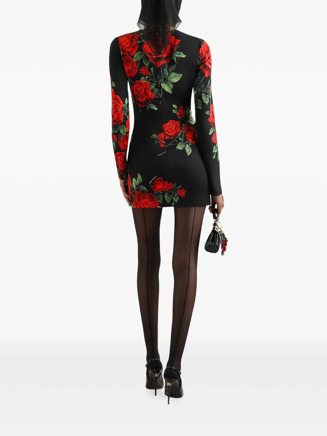 Мини-платье из шармеза с принтом розы Dolce & Gabbana, черный — фото 2