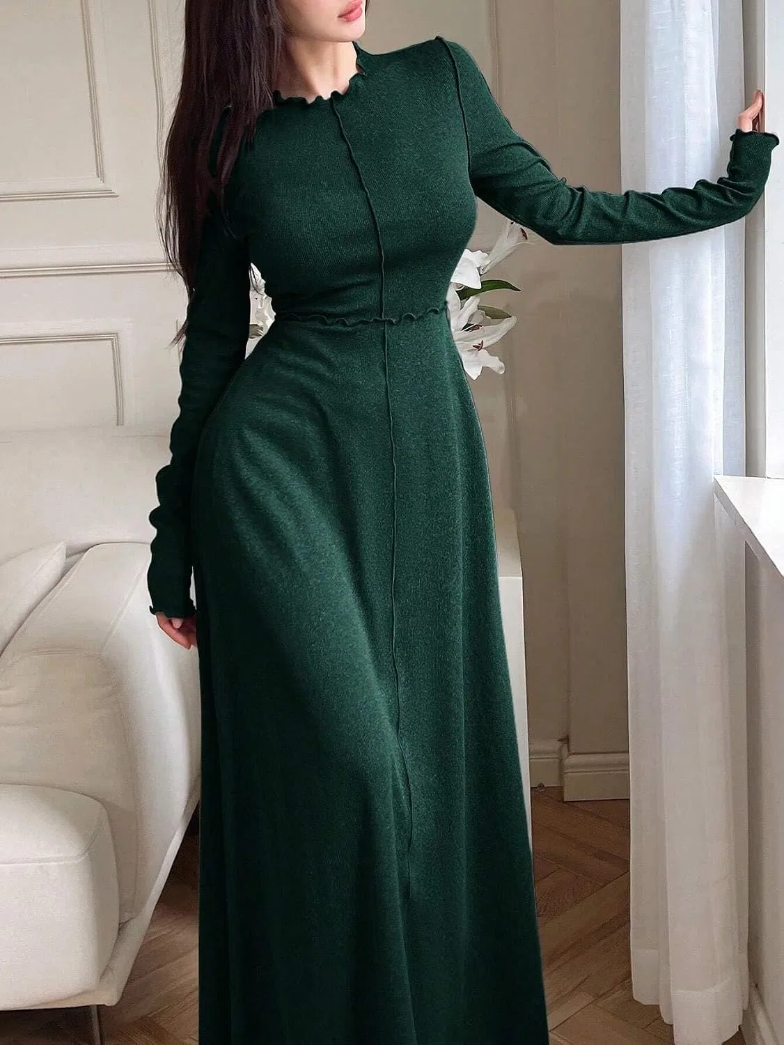 Женское длинное платье А-силуэта с длинным рукавом, Dark Green — фото 3