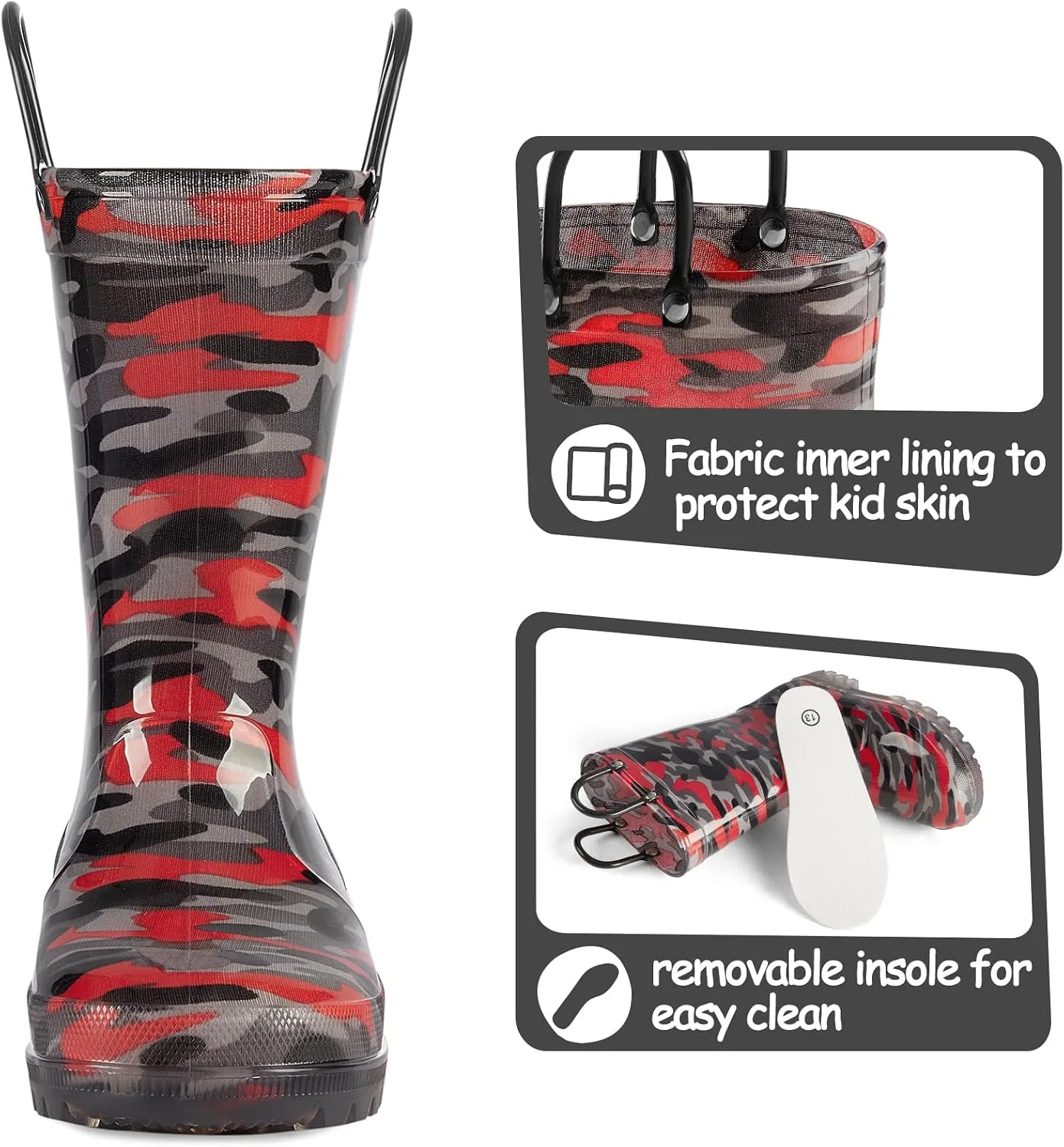 Детские резиновые сапоги с подсветкой для мальчиков и девочек K KomForme, Black/Red Camouflage — фото 2