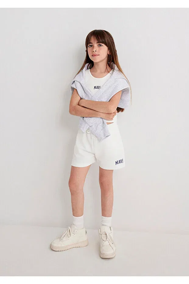Детские шорты для девочек хлопковые Logo printed ecru shorts Mavi, White-70057