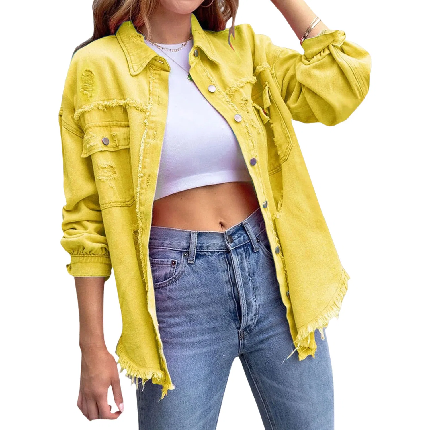 Женская джинсовая куртка oversize с бахромой, Giallo