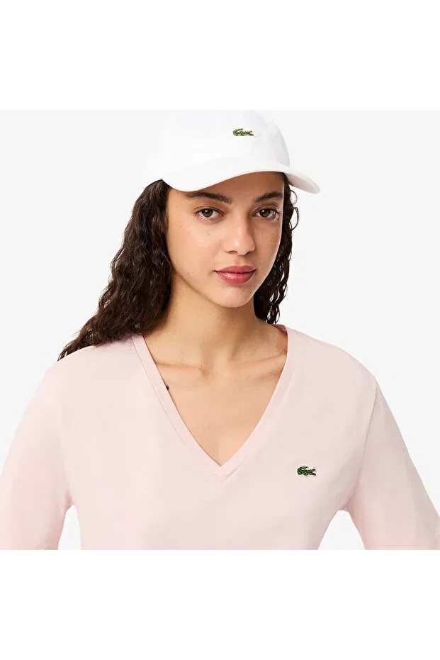 Футболка Lacoste Ady, V-образный вырез, оверсайз, розовая — фото 2