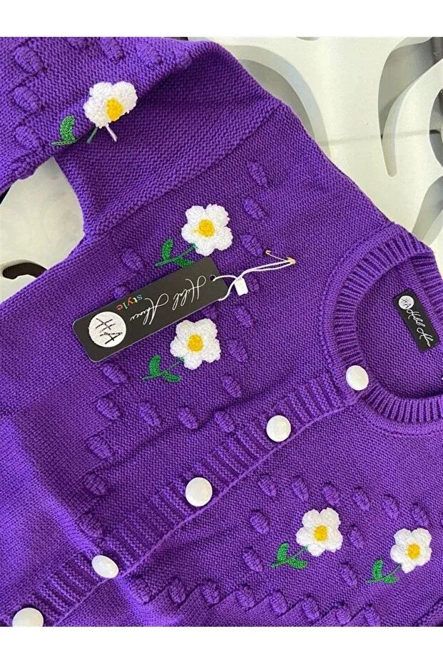 Детский кардиган с принтом Daisy Embroidered Knitwear Trousers Double Set Hilal Akıncı Kids, Purple — фото 4