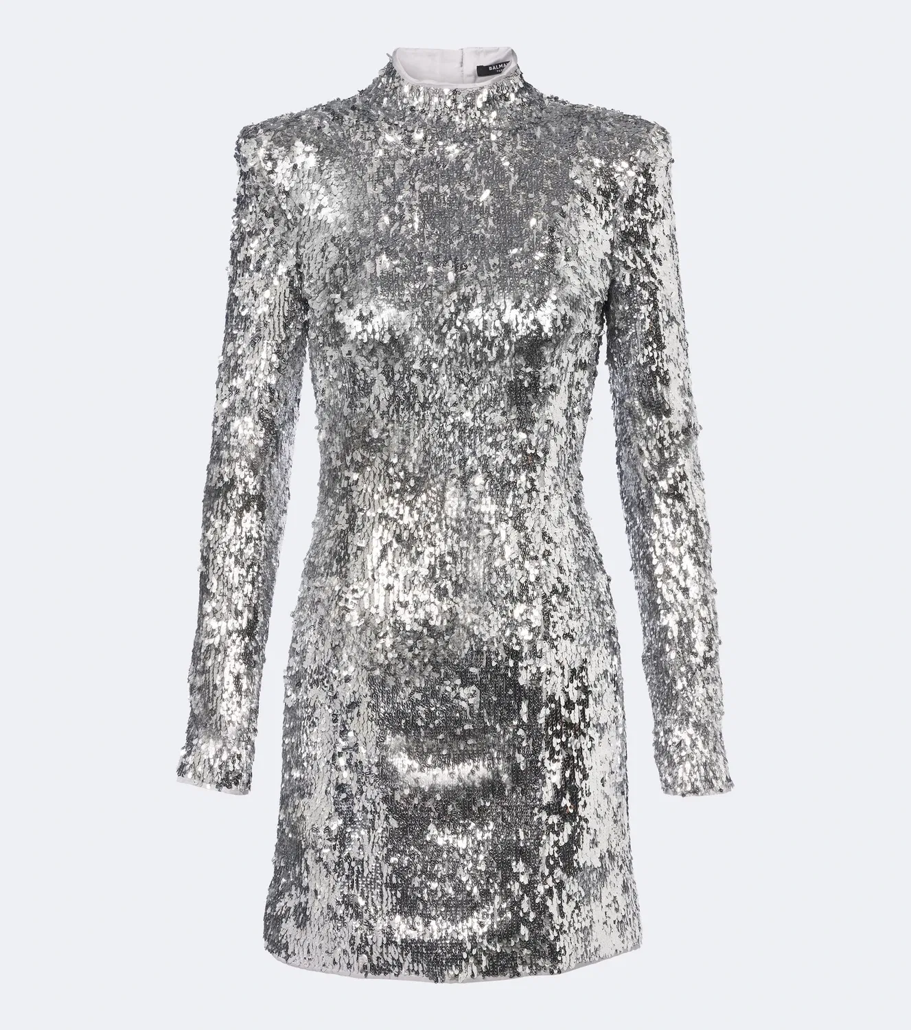 Мини-платье с пайетками с длинным рукавом Balmain, серебряный