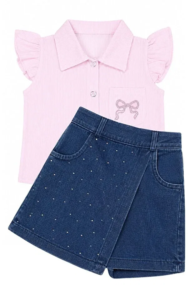 Детский комплект для девочек с геометрическим принтом Girl'S pink stone-embellished bow shirt and stone-embellished denim shorts with skirt 2-piece set By Bebekodam, Blue