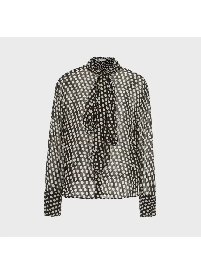 Лонгслив с длинным рукавом с галстуком Zara, черный — фото 2