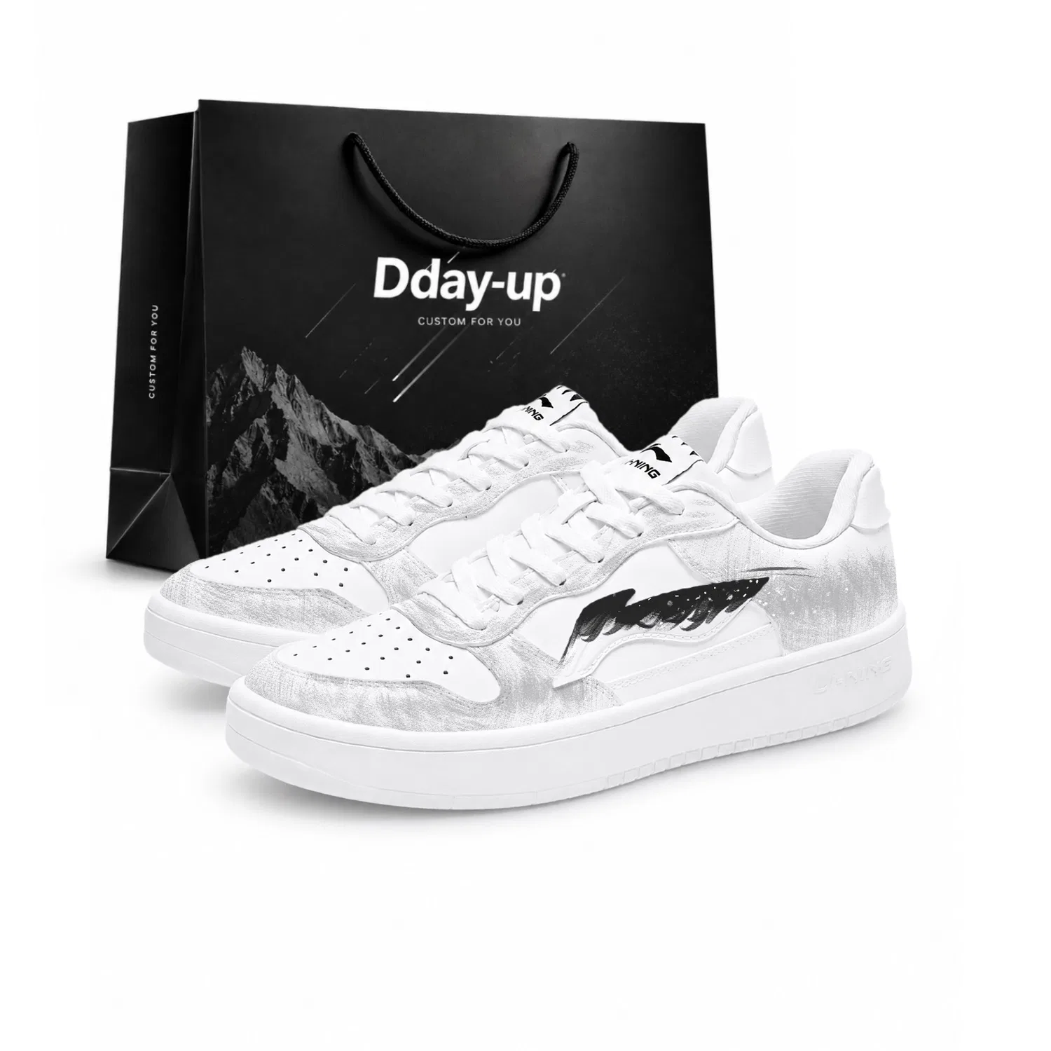 Скетборд-кроссовки для девочек с принтом Ink Feather Flying White Li-Ning, Черно-Белый