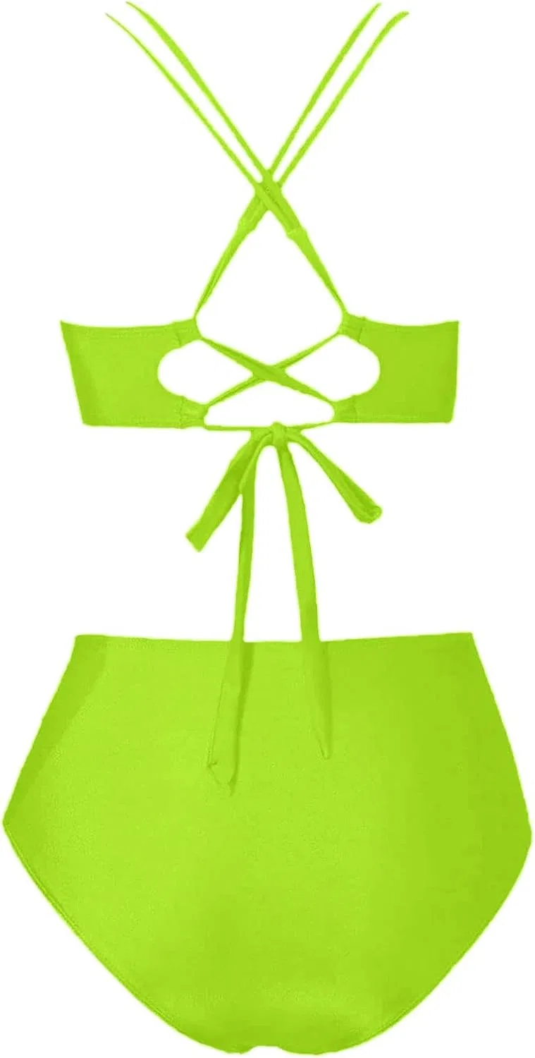 Женский бикини-комплект с высокой талией для контроля живота, Solid Color, Green — фото 4