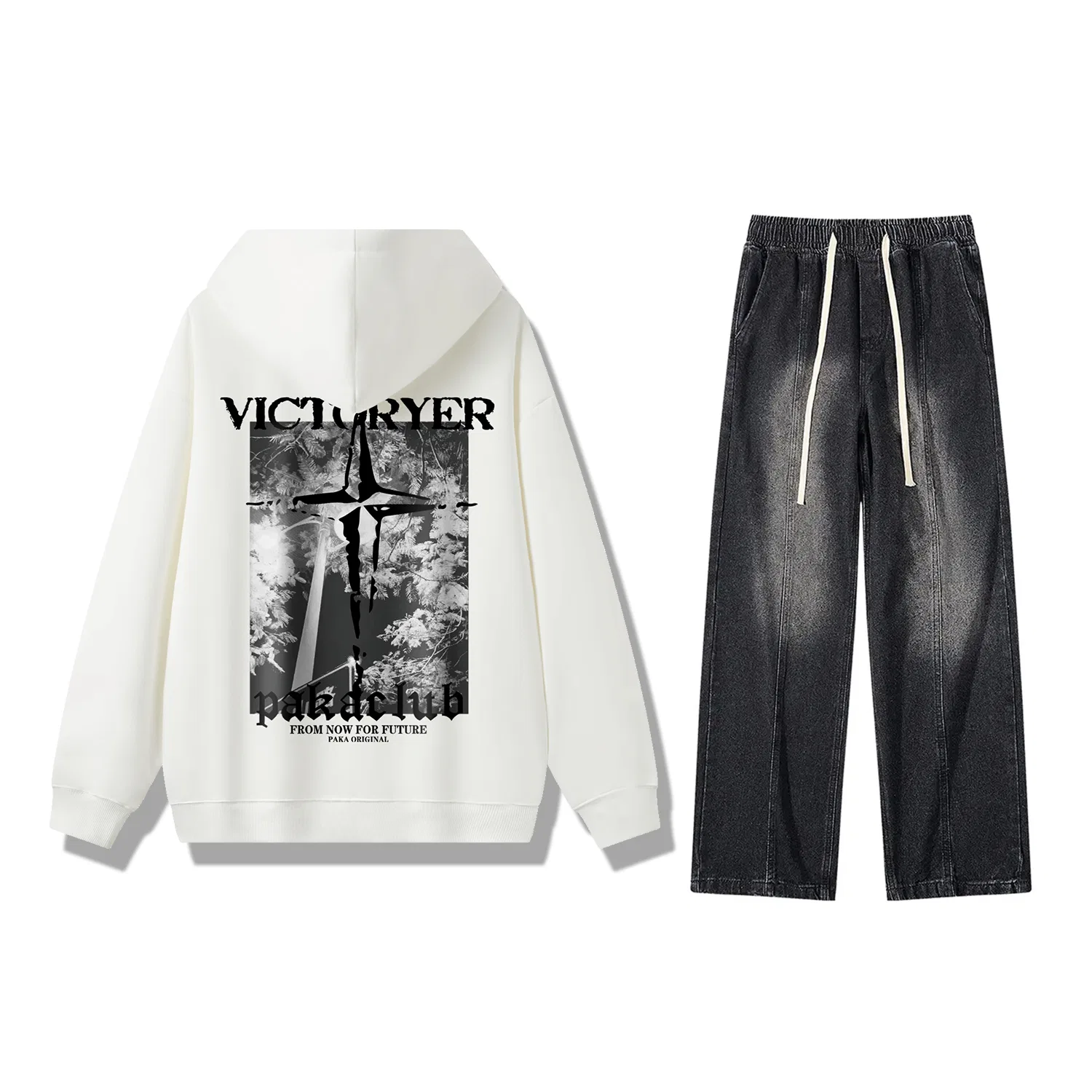 Детский комплект из худи и брюк с капюшоном PAKA, White Top+Black Gray Pants