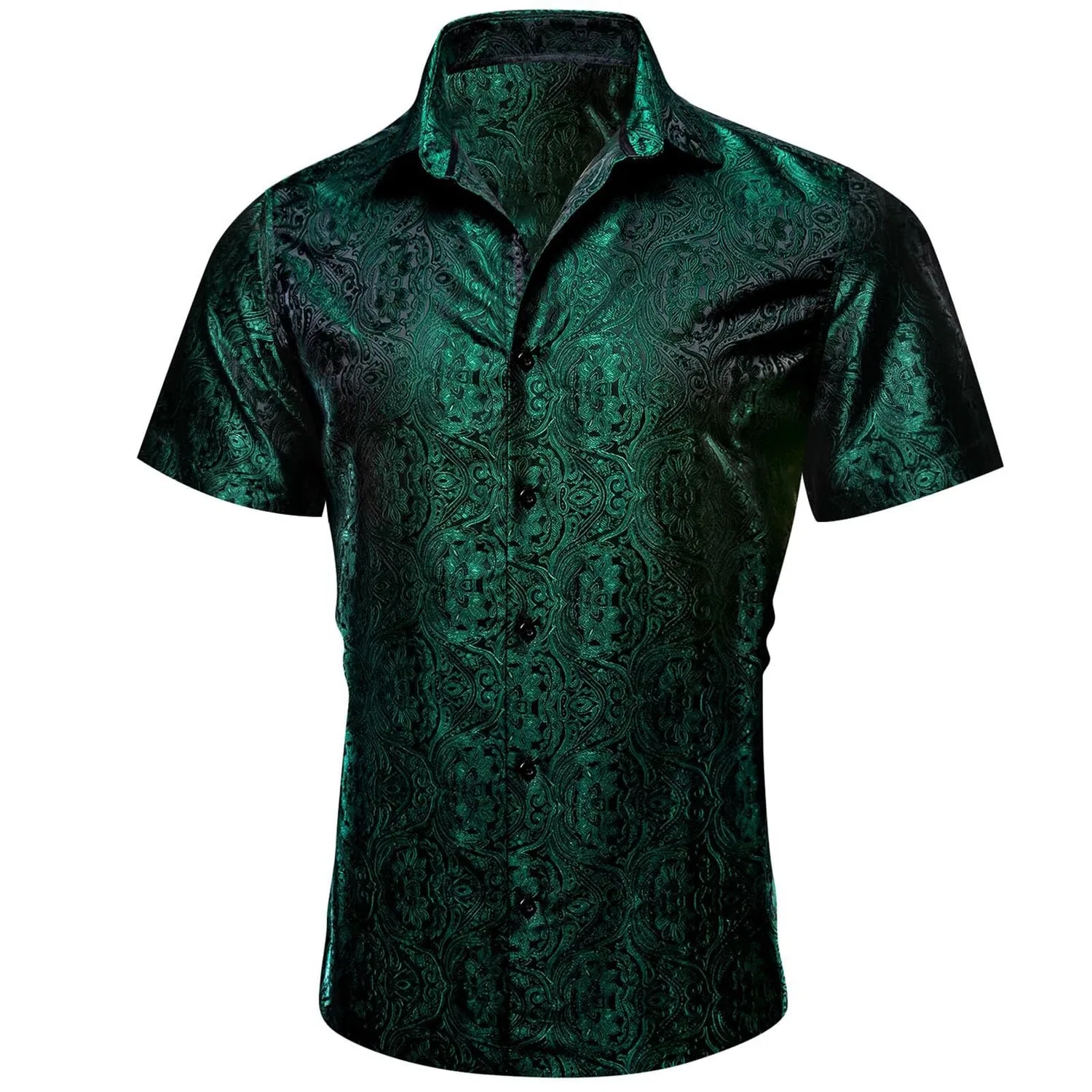 Мужская рубашка с коротким рукавом с принтом Paisley Shiny Satin Baroque Design, Green — фото 4