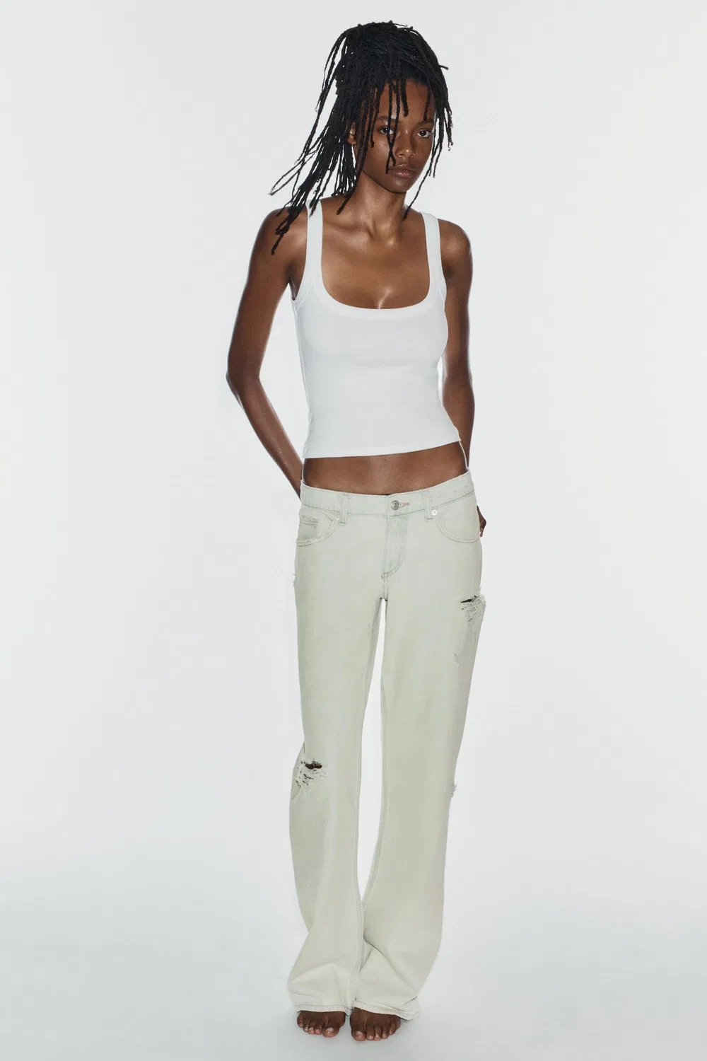 Джинсы TRF с низкой посадкой, рваные, широкие. ZARA, Light blue