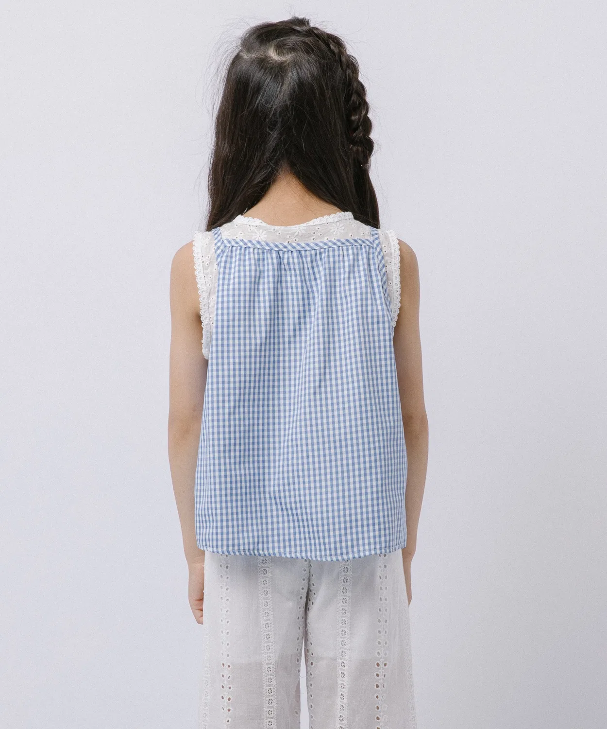 Детский комплект из топа на бретелях и брюк с кружевом, модель Gingham Check URBAN CHERRY, Blue — фото 4