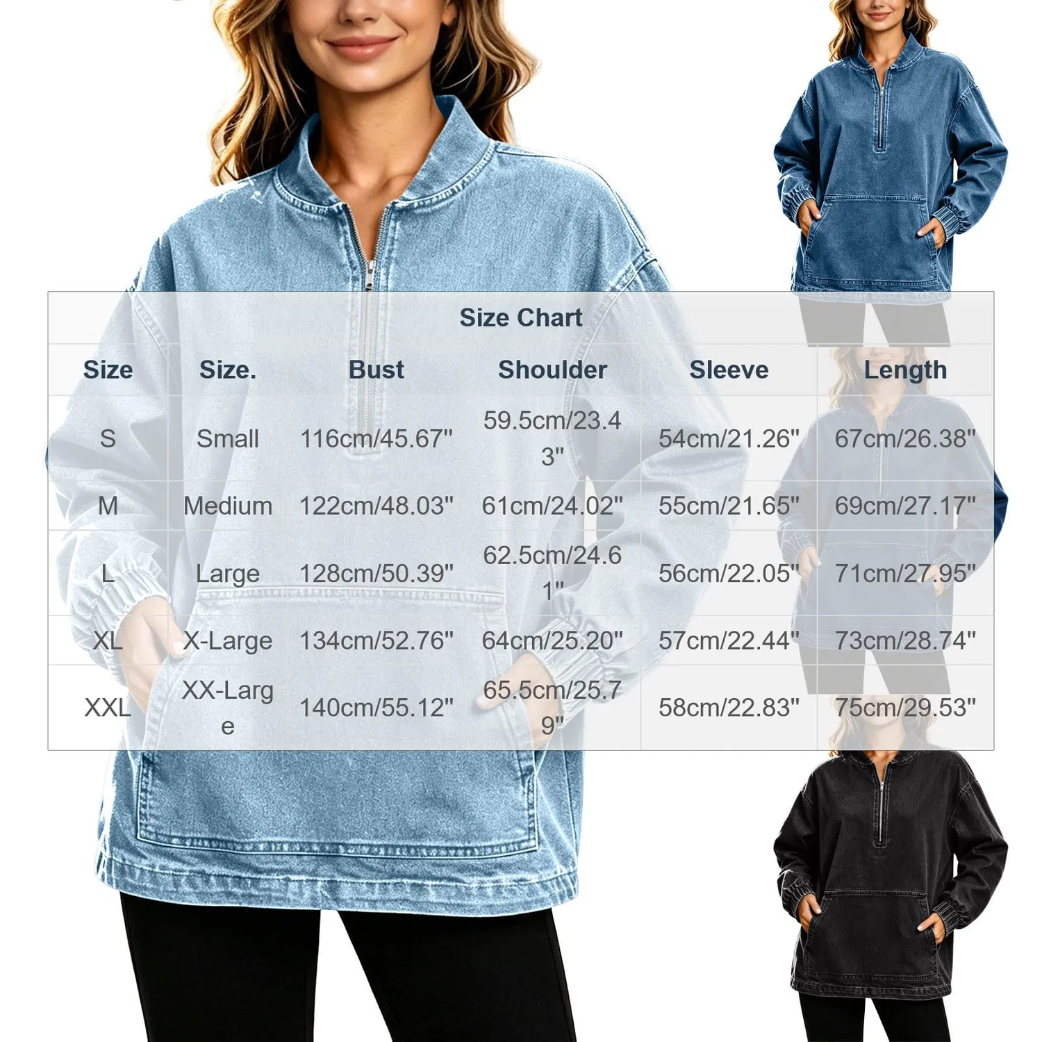 Женская джинсовая куртка с принтом UK 1/4 Zip Up Jean Trucker, Blu scuro 1 — фото 4