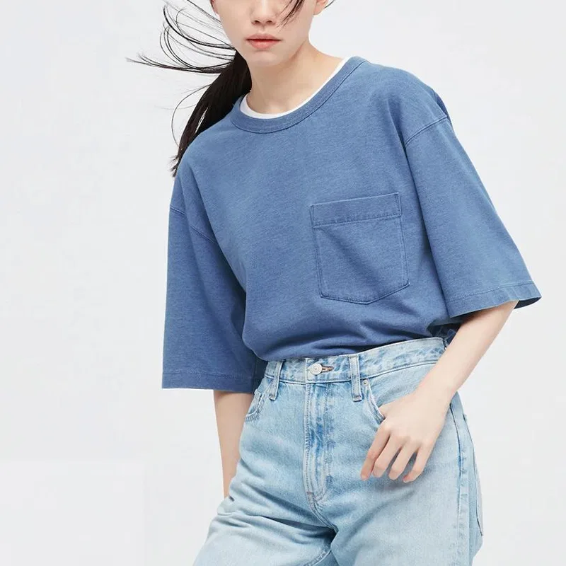Женская футболка свободного кроя с рукавом до локтя Pink Blue UNIQLO — фото 4