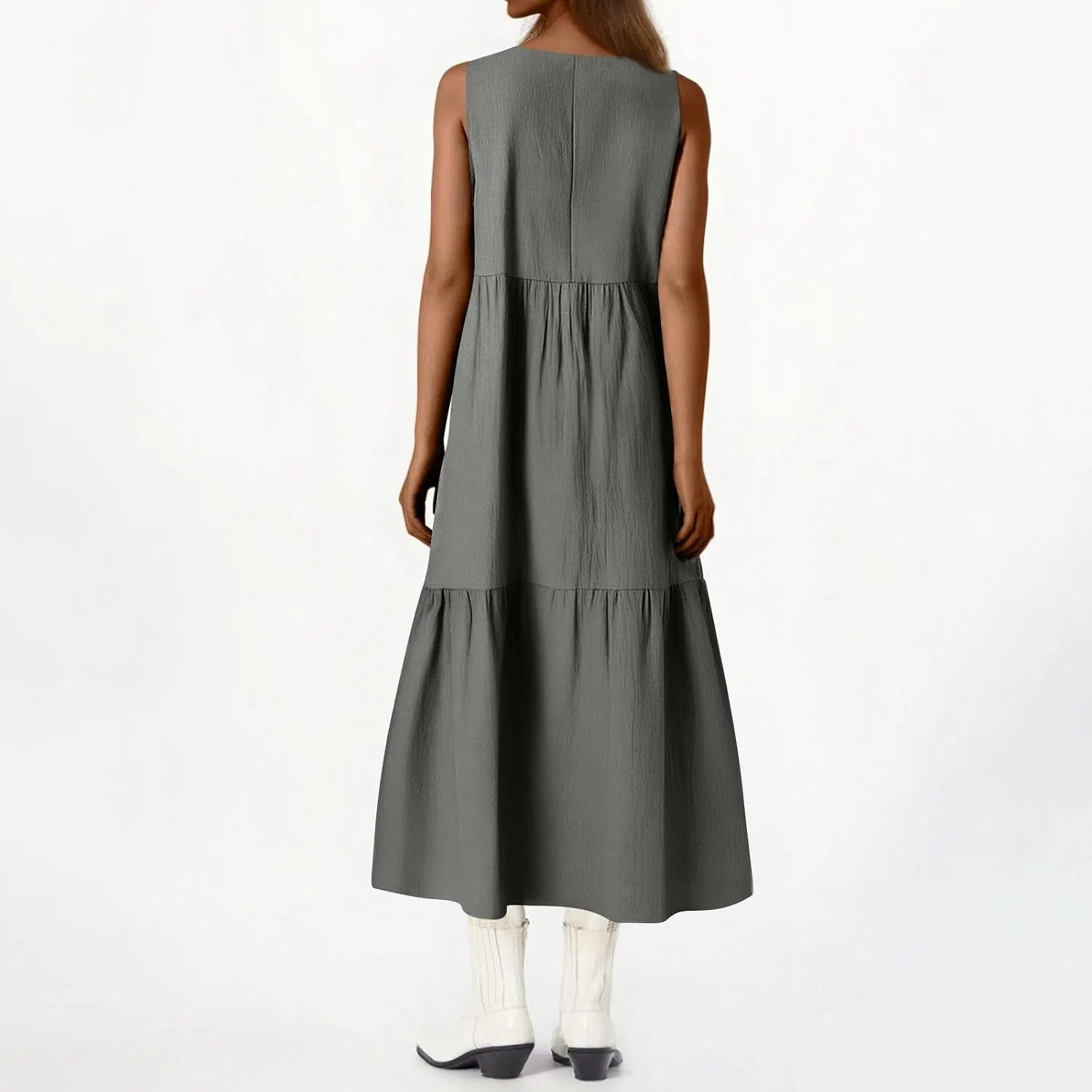 Женское макси-платье на бретелях с V-образным вырезом и оборками Cotton Linen, T5-dark Gray — фото 4
